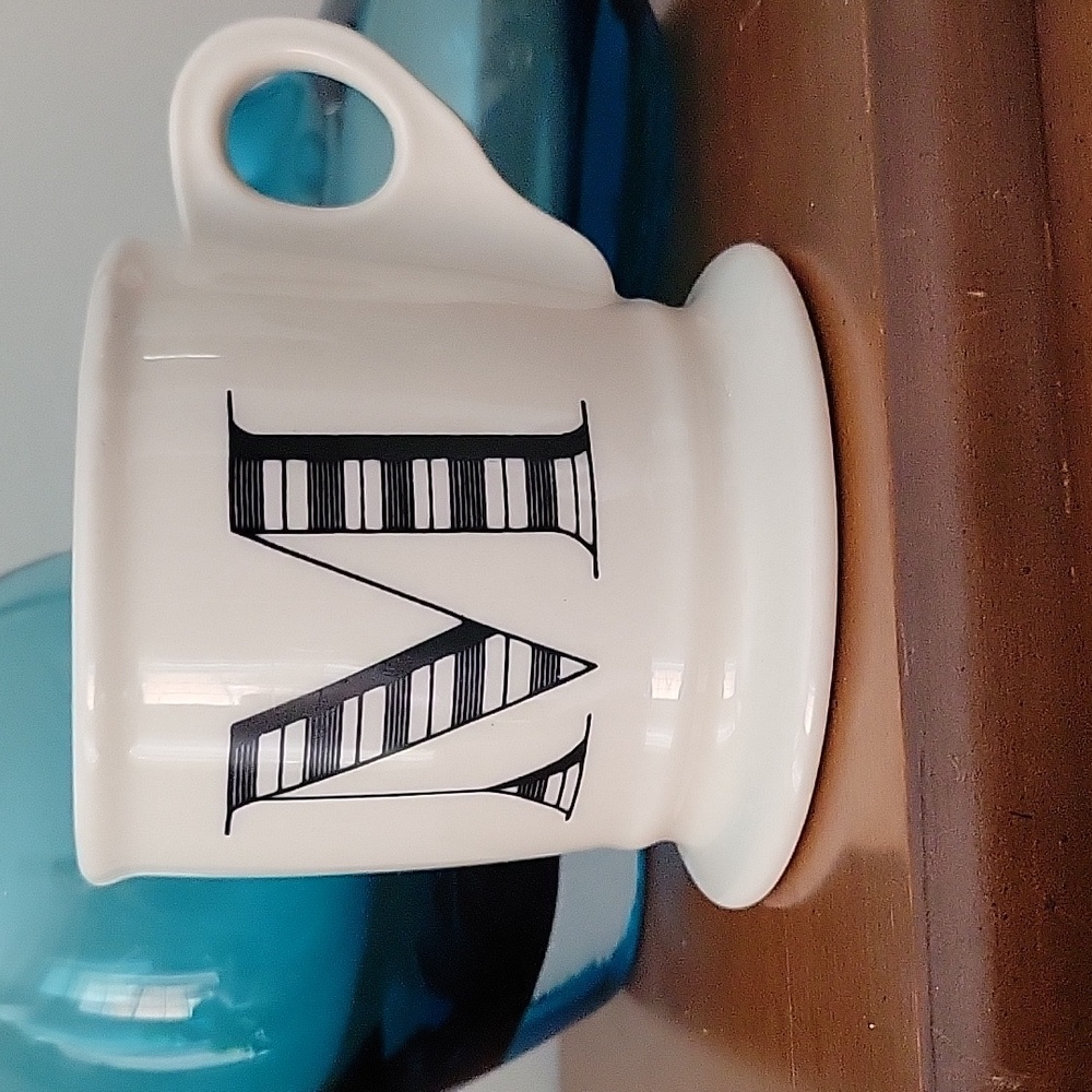 Anthropologie Coffee Mug Monogram "M" Cup Ceramic Gift Bird Logo White Black